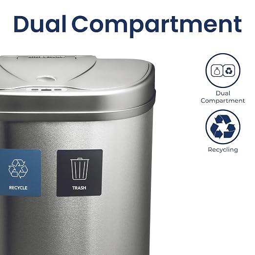 Ninestars 18.5 Gallons Automatic Touchless Kitchen Trash Can, Motion Sensor Trash Can for Kitchen, Office 70 Liter Stainless Steel Recycling Bin (2 x 9.2 Gallon Double Compartment)