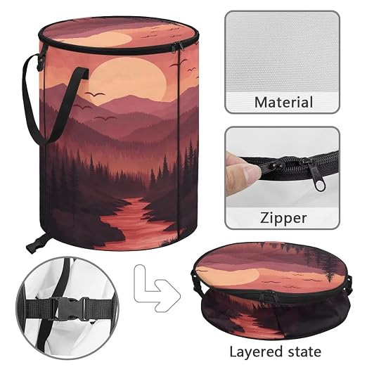Sunset Outdoor Trash Can with Lid 20+ Gallon Collapsable Trash Can for Camping Waterproof Garbage Bags for Car, RV's, Bedroom, Yard Storage Bin
