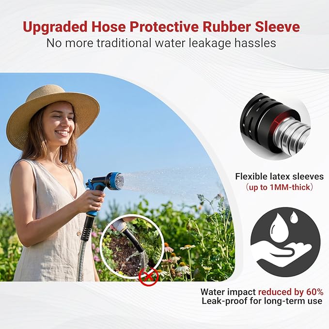 Lefree 50ft Metal Garden Hose with Upgraded Leak‑Proof Rubber Sleeve | Flexible, Tangle-free & Non Kinking, 550 PSI, 304 Stainless Steel, Spray Nozzle for Balcony, Patio, Small Yard, Car Wash