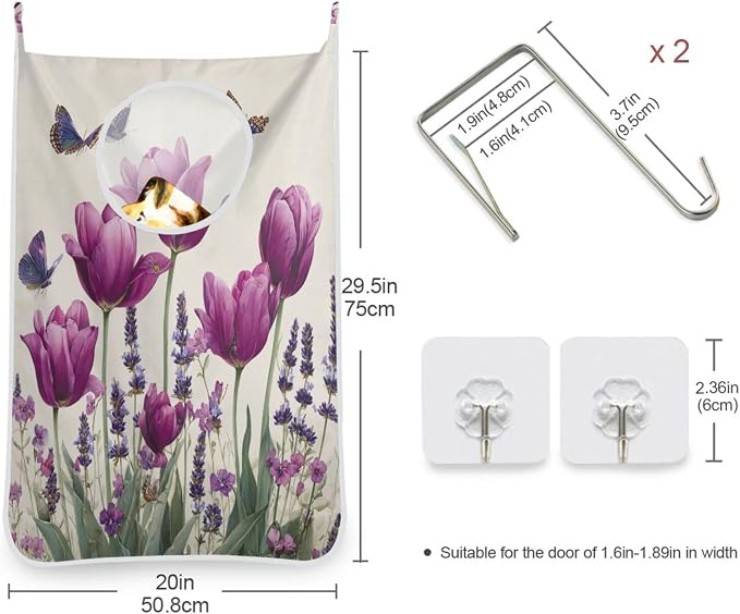 Purple Tulilp Butterfly Hanging Laundry Hamper Door Hampers Bag Basket with Stainless Steel Hooks Oxford Fabric Printing Decorative Clothes Bags 29.5X20inch 2Pack