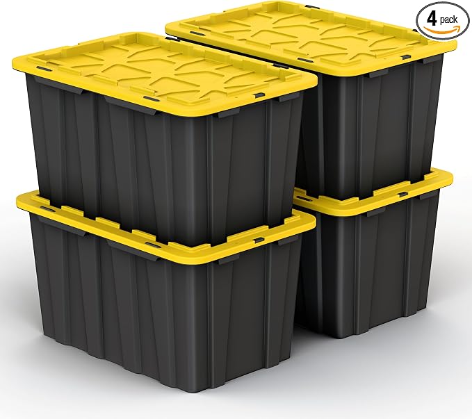 4 PACK of 17 Gallon Large Black & Yellow Storage Bins | Plastic Tote Organizing Container with Secure Latching Lids, Stackable, Extra Strength with Built in Handle | 24.5" x 16.5" x 13.5"