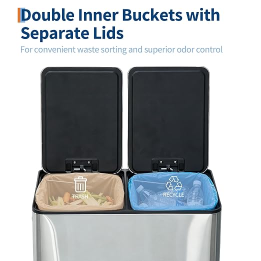5gal Stainless Steel Double Trash Can with Lid for Kitchen, Large Dual Trash and Recycle Bin Combo, Step-on Kitchen Metal Garbage Cans, PP Inner Buckets, Liner Rim, Sliver