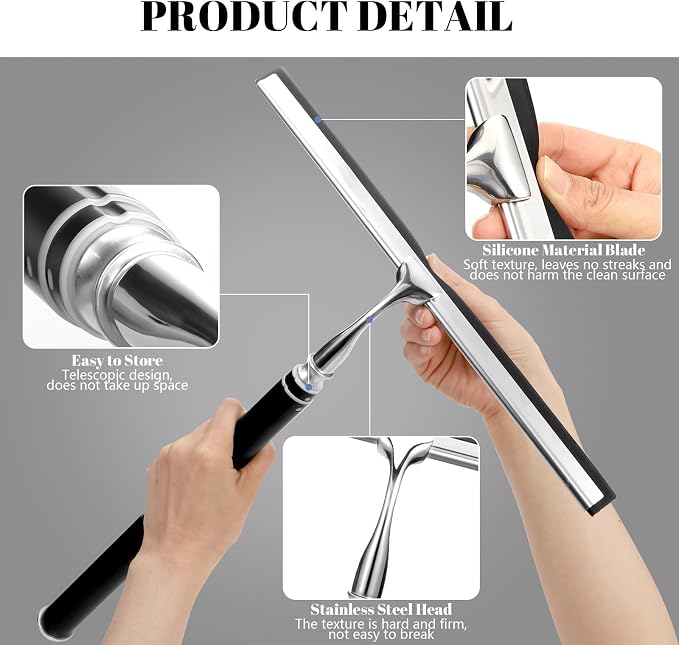 Shower Squeegee with Long Handle,Window Squeegee with Extension Pole Squeegee for Shower Glass Floor Squeegee, Telescoping Shower Squeegee for Glass Door, Tile Wall, Car,Floor | 2 Hooks, Squeegee for Shower Glass Floor Squeegee, Telescoping Shower Sque...
