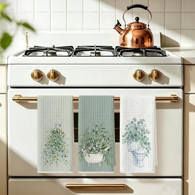 3 Pcs Eucalyptus Hand Towels 24x14 Inch, Botanical Reusable Dish Towels | Waffle Weave Hand Cloth Tea Towel for Kitchen Farmhouse Decor, Green Leaves Gifts for Women Friend