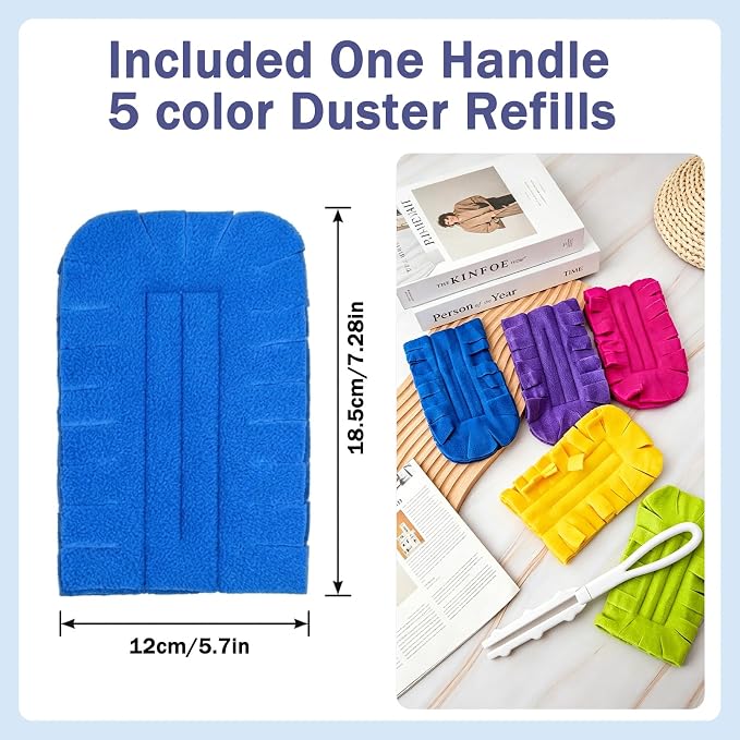 Reusable Duster Refills, 5 Pack Washable Fleece Dusting Pads & 1 Hand Duster, Heavy Duty 360° Microfiber Duster Refills for Furniture, Ceiling Fans, Blinds, Shelves & Home Cleaning