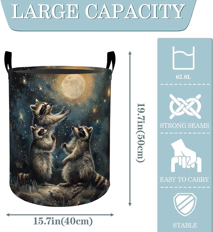 Raccoon Moon Night Sky Laundry Basket, Dirty Collapsible Clothes Toy Organizer Hamper for Kids Adults, Oxford Cloth Waterproof Storage Bin for Bedroom Bathroom Home Decor Gifts, 19.7"X15.7"
