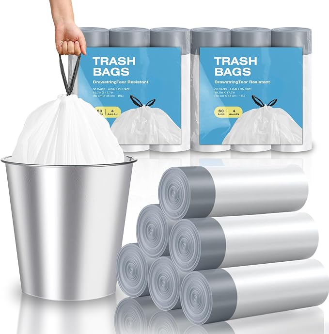 KSSKSS 2.6 Gallon Mini Drawstring Trash Bags, Small Garbage Bags by KSSKSS, Code a fit 10-15 Liter, 2.6-4 Gal, White Trash Bin Liners for Home Office Kitchen Bathroom Bedroom, 120 Counts