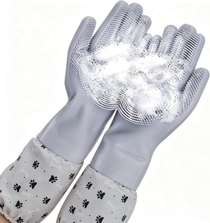 Long Sleeve Dog & Cat Washing Gloves, Pet Bathing Grooming Tool (Gray)