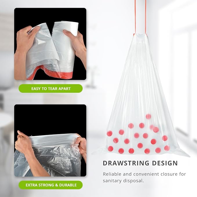15 Gallon Drawstring Trash Bags, 108 Count, Clear, Unscented | Ultra Thick, Strong Plastic, 3 Rolls, Extra Wide, Garbage Bags for Tall Kitchen Office Lawn Yard