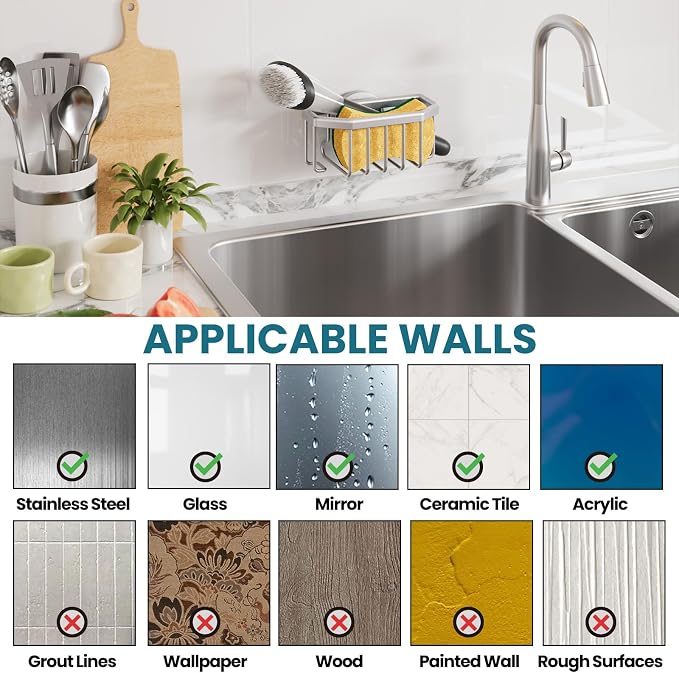 TAILI Sponge Holder for Kitchen Sink with Suction Cup-Silver, Aluminum | Rustproof Aluminum Sink Caddy for Sponges,Brushes,Stoppers & Scrapers,Removable Ventilated Quick-dry Design, holds Up 11lbs