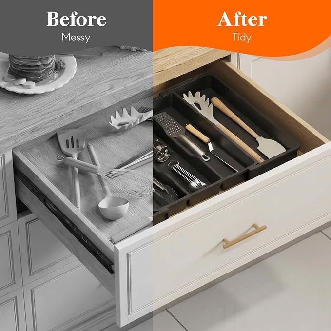 Lifewit Utensil Organizer for Kitchen Drawers, Expandable Utensil Tray | Adjustable Cooking Cutlery Silverware Flatware Holder, Plastic Spatula Tools Storage Divider, 11.5- 20 x 14.5", Black