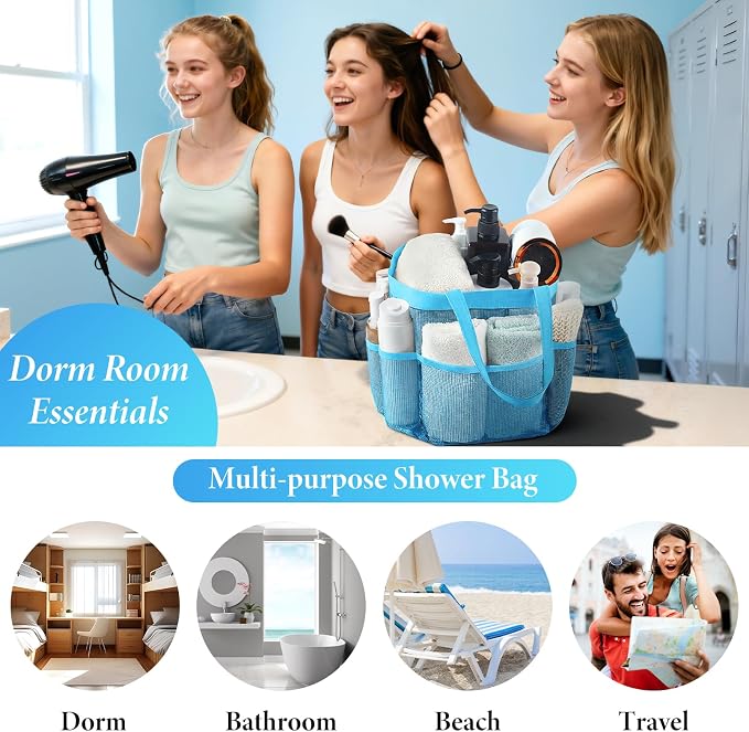 Mesh Shower Caddy Portable - 9 Pockets, Shower Bag for Dorm Room Camping | 2 Handle Quick Dry Shower Bag College Dorm Room Essentials Large Capacity Hanging Basket for Bathroom Travel Swimming Gym
