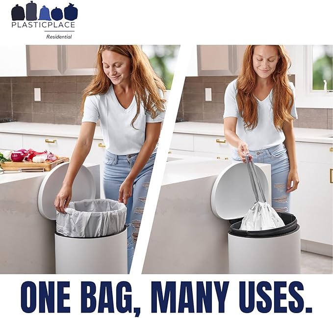 Plasticplace Custom Fit Trash Bags, Compatible with simplehuman Code G (200 Count) White Drawstring Garbage Liners 8 Gallon / 30 Liters, 17.5" x 28"