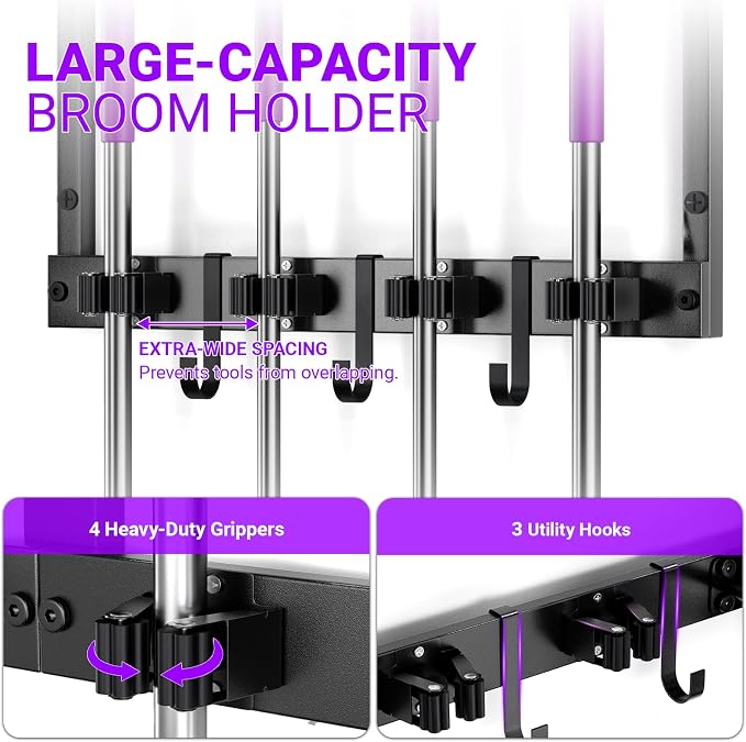 Heavy Duty Broom Holder Wall Mount, All-Metal Mop Rack with Storage Shelves | Space-Saving Cleaning Supply Organizer with Hooks Keeps Mops, Brooms and Tools Handy in Laundry Rooms, Garages and Kitchens