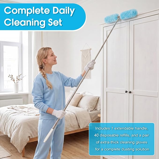 40 Pcs Heavy Duty Duster Refills with 6 ft Extendable Handle and 1 Pair of Gloves, Compatible with Swiffer 360° Disposable Microfiber Feather Dusters Kit for Cleaning Home(Blue)
