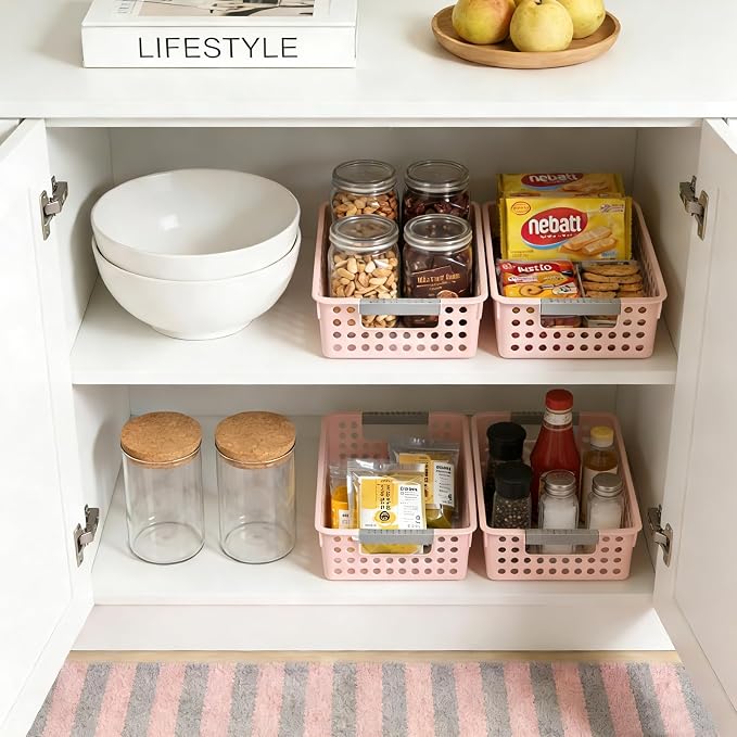 Soddeph 4 Pack Small Plastic Storage Baskets for Organizing, Stackable Bins with Handles for Shelves, Multipurpose Drawer Trays(Pink)
