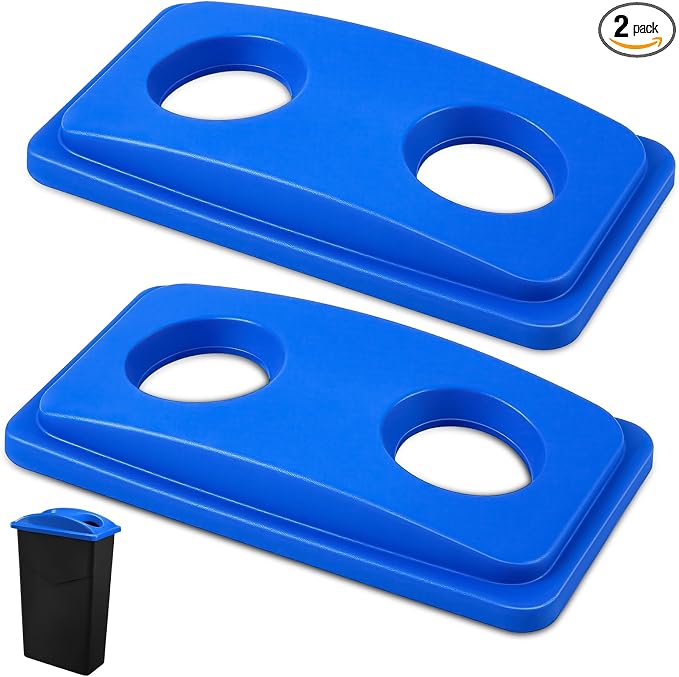 Maxdot 2 Pack Recycle Bin Lids Each with Two Bottles & Cans Openings, Blue | Plastic Fit 23 Gallon Slim Trash Can, for Waste Recycling Sorting, Kitchen Classrooms Offices Outdoor