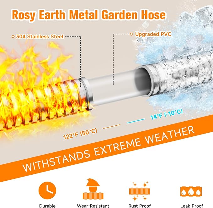 Rosy Earth Garden Hose 10 FT, 304 Stainless Steel Metal Water Hose, Heavy Duty Flexible Leader Hose, Short Water Hose Kink Free Hose for Rv, Outdoor, Yard, No Bite, Leak proof and Durable