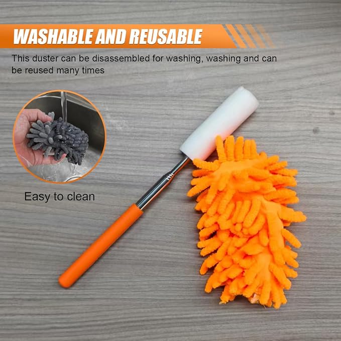6PCS Microfiber Duster for Cleaning, Washable Chenille Hand Dusters with Extendable Telescoping Pole, Mini Car Interior Dusting Brush Tool for Auto Dash, Home, Office, Blinds(Orange)