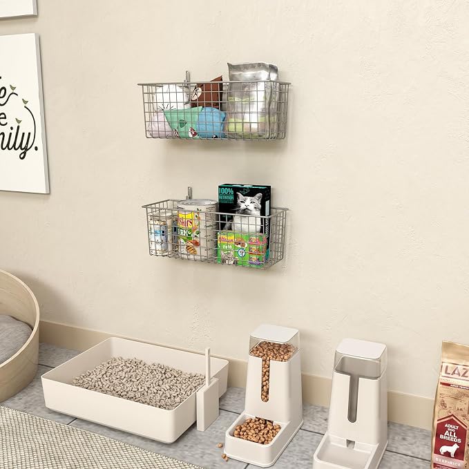 2 Sets Grey Extra Large Hanging Wall Basket with Steel Hooks | Metal Wire Baskets for Organizing, Wallmounted Fruit Vegetable Toy Snack Storage, Home Kitchen Bathroom Laundry Pantry