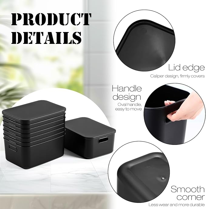 Hoolerry 8 Pack Storage Bins, 13.8 X 9.8 X 5.9 Inch Black | Plastic Stackable Containers with Lid Handle, For Shelves Desktop Playroom Office, Organizing Toys Books Supplies Storage
