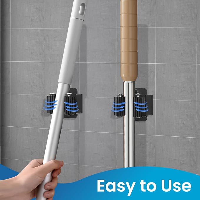Broom Holder Wall Mount, 7PCS Broom Hanger Wall Mount, Stainless Steel Heavy Duty Mop Holder Broom Mop Hanger Wall with Screws, Garden Outdoor Tool Organizer Rack Broom Hanger (Black)
