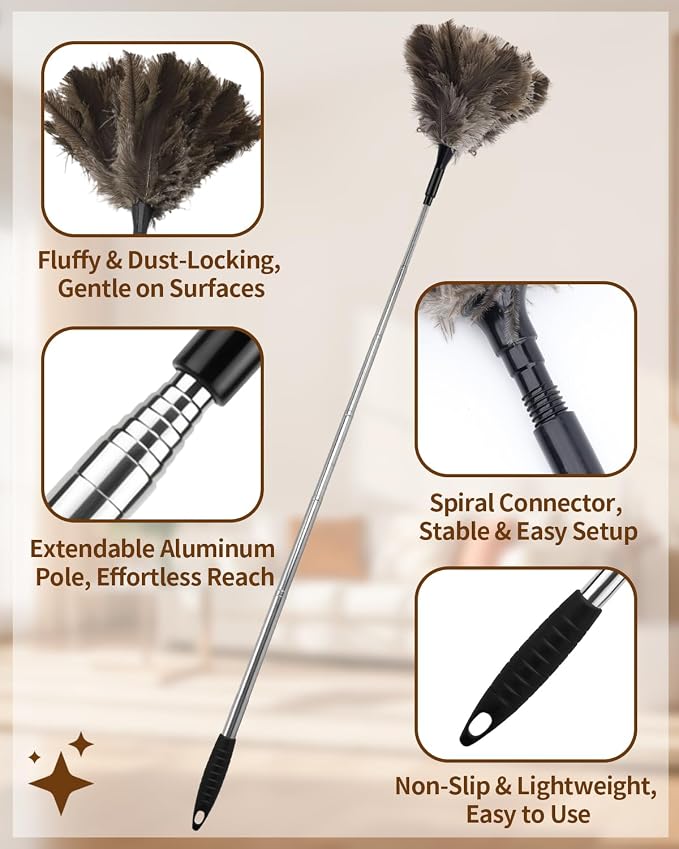 Extendable Ostrich Feather Duster with Bonus Wool Feather Duster Head - Natural Fluffy Non-Slip Handle Feathers Dusters for Cleaning Ceiling Fans, Blinds, Roof Dusting, High Surfaces (18-48 in)