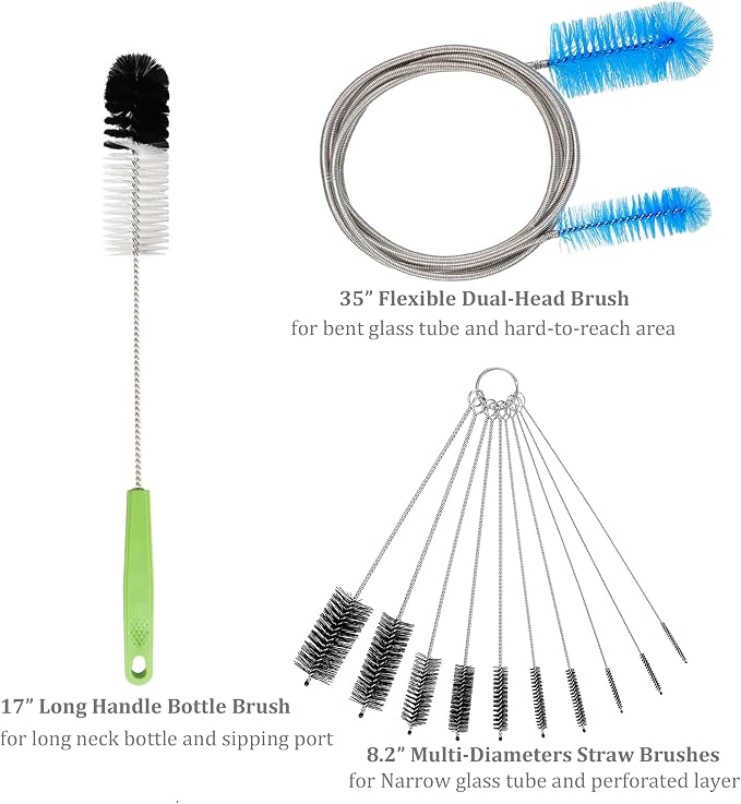 Set of 12 Tube Pipe Cleaners Brush Kit - Bottle & Long Straw Cleaning Tools | for Narrow Neck Bottle, Curved Glass Tube | 17" Long Handle, 8.2" Assorted Thickness Brushes, 35" Flexible Dual-Head Cleaner