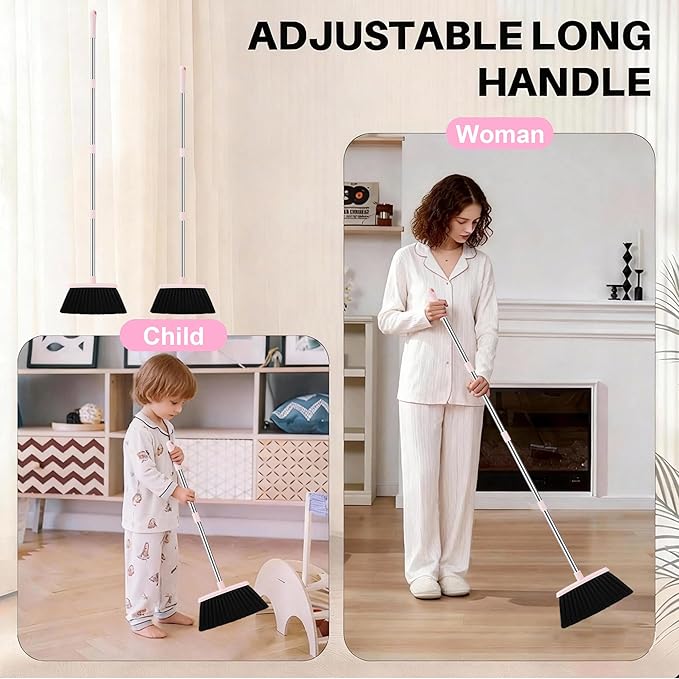 BSKLIN Broom and Dustpan Set, 52” Long Adjustable Handle Broom with Dustpan Combo Set with Dust Pan Teeth to Clean Hair for Home Lobby Office Kitchen (Small-Pink-Purple)