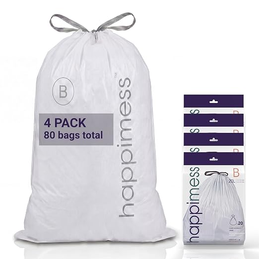 happimess 20-Count Unscented 5.3 Gal Trash Bags, Clear, Pack of 4 | Kitchen Can Liners, Drawstring, Heavy Duty LDPE Plastic, Tear-Resistant, Recyclable, Custom Fit