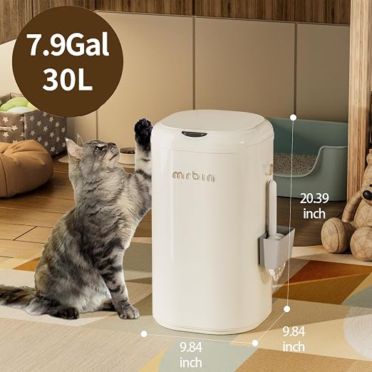 MRBIN Cat Litter Trash can Adsorption Metal, 30L / 7.9gal Automatic Absorbing Bag Diaper Pail, Garbage Bin with Wheels, cat Poop Odor Control Litter Box, Motion Sensor