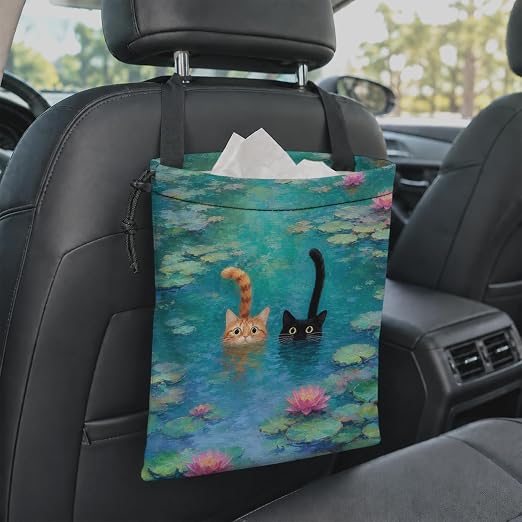 Whimsical Lotus Pond Cat Car Garbage Bag Canvas Trash Can | Orange Black Cat Lovers Gifts Drawstring Car Trash Bag Hanging for Back Seat with Adjustable Buckle