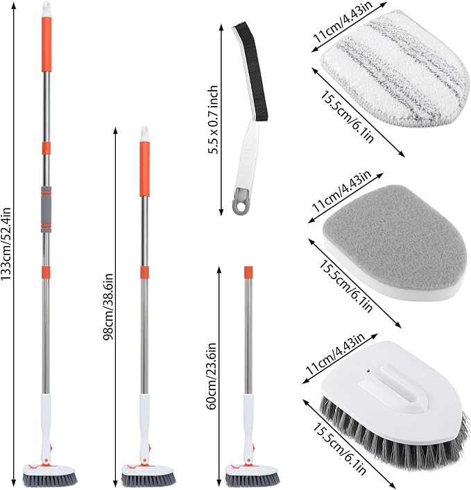 Wlich 3 in 1 Tub Tile Scrubber Brush,52 Inch Long Handle Shower Scrubbing with Locked Head, Shower Cleaning Brush for Bathroom Kitchen Toilet Wall Sink