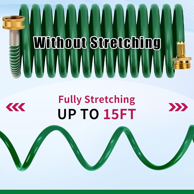 AUTOMAN Coil Garden Hose 15 ft, EVA Curly Water Hose with Brass Connectors, Recoil Garden Water Hose,Includes 7-Pattern Function Sprayer,Retractable,Corrosion Resistant Garden Coil Hose.