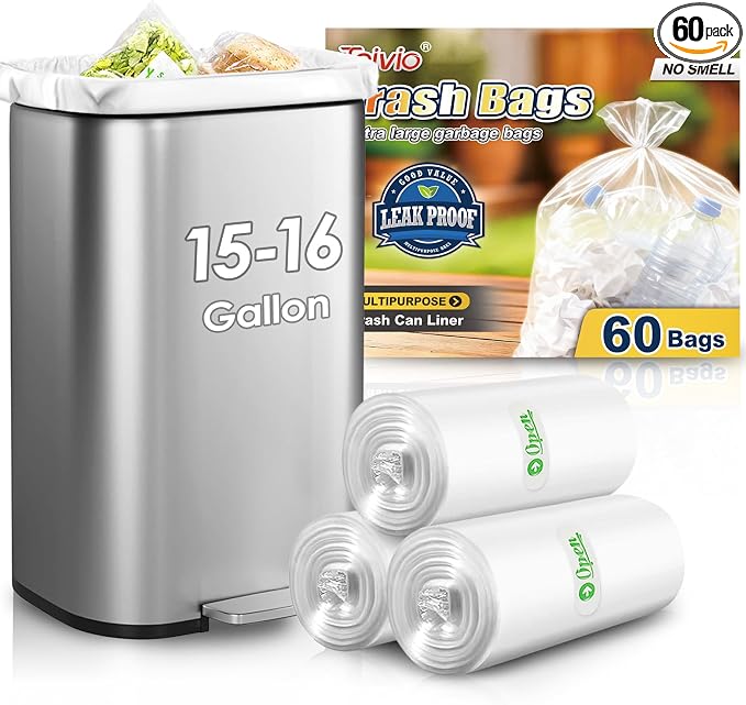 Teivio Large Tall Kitchen Clear Trash Bags 15 Gallon 60 Count Garbage Bags | Fit 12,13,15,16,18Gal,Light Duty Small Plastic Waste Basket Bins Can Liners for Home Bathroom Office Car,Unscented