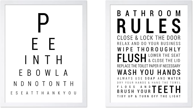 Poster Master 2-Piece Bathroom Sign Print - Eye Chart & Rules Poster - Humorous Guest Bath Decor - Minimal Typography Design - Powder Room Decor - Funny Restroom Sign - 16x20 White Framed