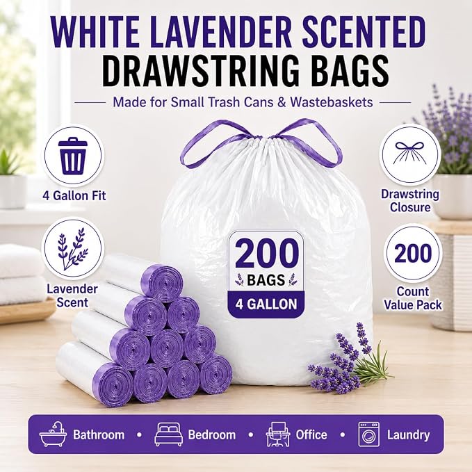 4 Gallon Trash Bags, 200 Count, Lavender Scented Drawstring Bags | White Small Garbage Bags for Bathroom, Bedroom, Office and Wastebaskets, Bulk Value Pack for Small 4 Gallon Trash Cans