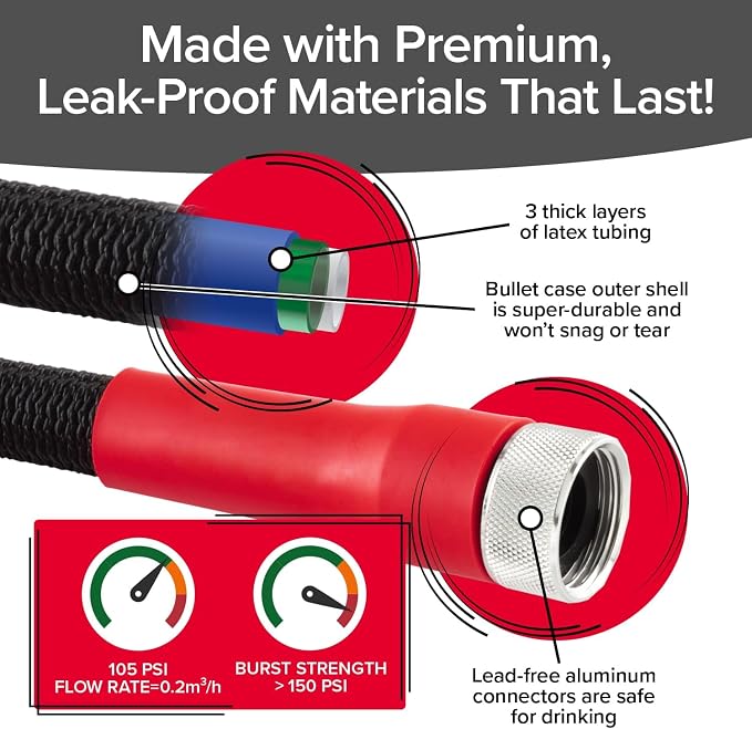 Pocket Hose 50 FT Silver Bullet 2.0 Hose, Turbo Shot Nozzle, Kink-Free | Expandable Water Hose with Turbo Shot Nozzle, Flexible Garden Hose, Kink-Free, Leak-Proof & Lightweight