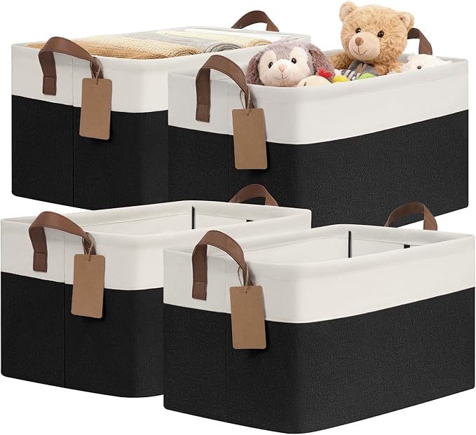 CHICVITA 4 Pack Large Fabric Storage Baskets for Shelves, 30L Black & White | 16.8" × 11" × 9.8" Closet Storage Bins for Toys, Blankets & Clothes, Fits Nursery & Bathroom Organization, Metal Frame