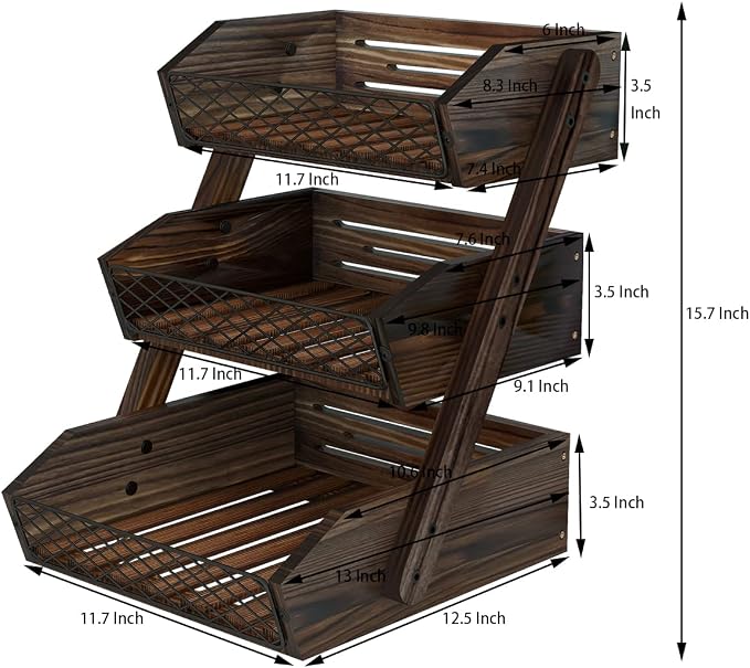 Dorhors Fruit Basket for Kitchen Counter Organizer,Fruit Bowl Stand Storage | 3 tier Rustic Brown Vegetable Holder,Wood Bread Display Rack,Kitchen Countertop Organizer Shelf for Snack,Onion,Banana,Potato
