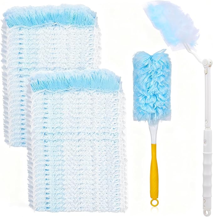60 Count Heavy Duty Dusters Refills, Disposable Cleaning Duster Kit | Microfiber Dusters, Multi-Surface Duster, with Extendable Handle, and 1 Handle, for Home, Ceiling Fan, Furniture, Blinds
