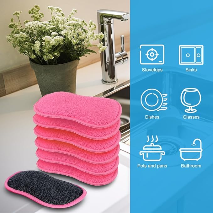 HOMEXCEL Dish Sponge 12 PK, Microfiber Kitchen Sponges for Cleaning, Pink | Non Scratch Microfiber Sponges for Washing Dishes, Double-Sided Scrub Sponge for Pots, Pans, Glass