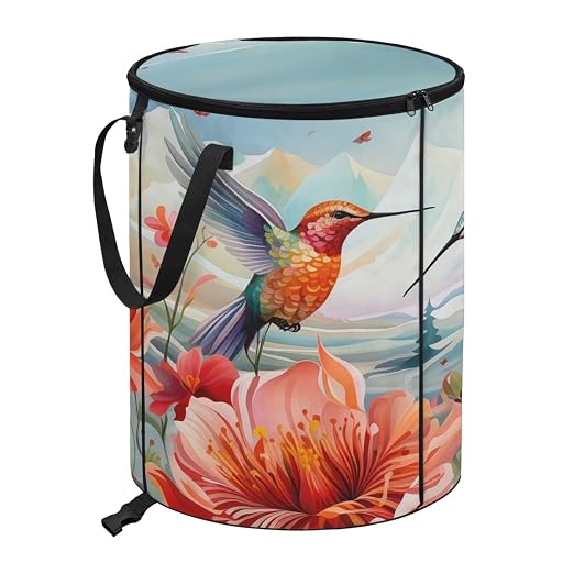 Hummingbird Flower 24 Gal Collapsible Trash Can w/Lid Waterproof Foldable Garbage Bin for Camping, Backyard & Hiking | Heavy Duty Pop-Up Design (23x18in) Car Camping Gear