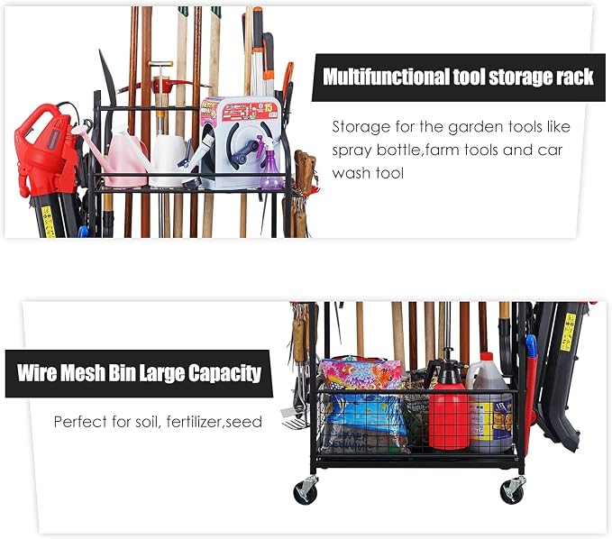 Mythinglogic Rolling Garden Tool Organizer for Garage, Yard and Lawn Tools | Metal rolling rack with multiple tool slots, movable hooks and locking casters for rakes, shovels, brooms and yard tools
