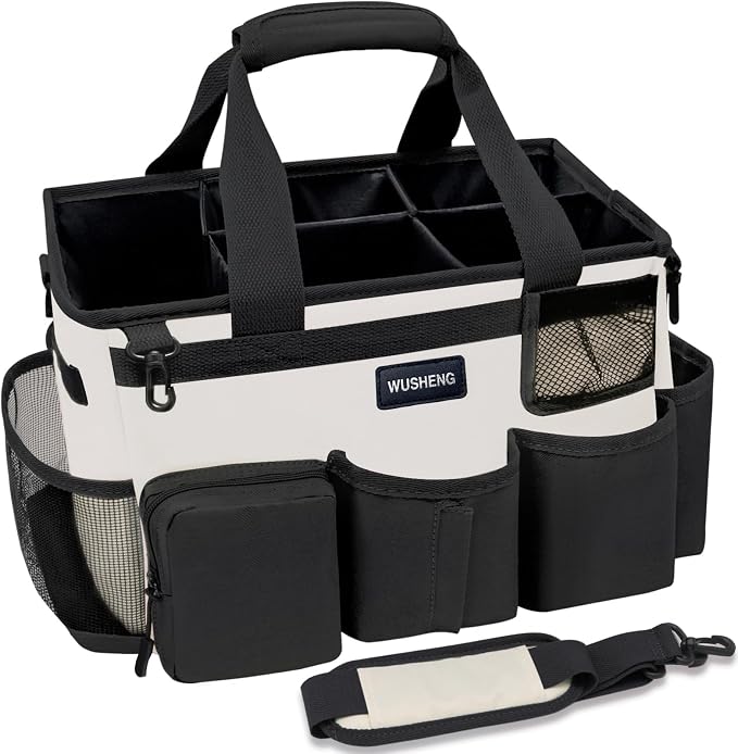 Wearable Cleaning Caddy Bag,Cleaning Supply Tote for Cleaning Supplies, Cleaning Organizer with Adjustable Shoulder and Waist Straps for Cleaners Housekeepers (Black-White, Large)