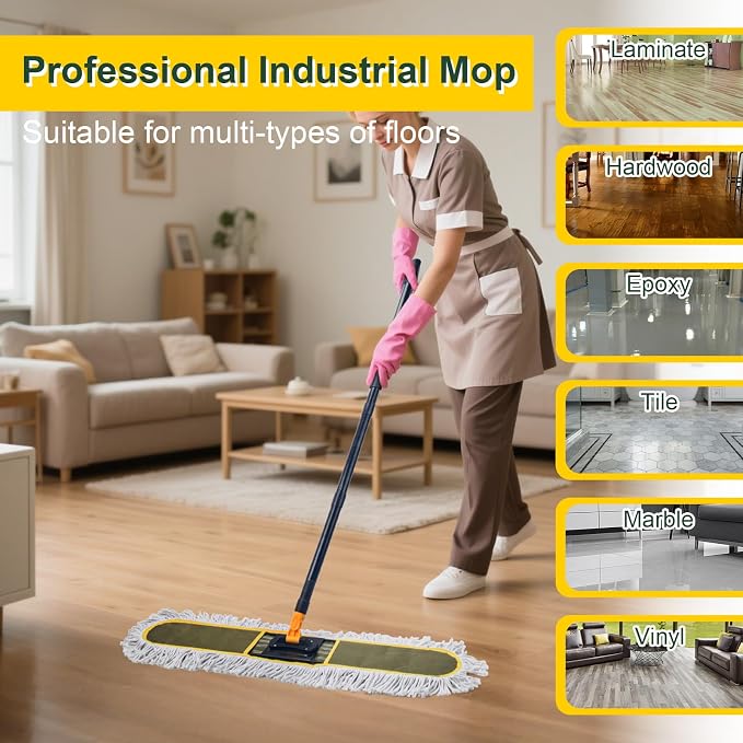 24" Commercial Dust Mop with 2 Replacement Mop Pads, 60.5 Inch | Heavy Duty Large Dust Mop for Hardwood Floors, Industrial Wet Dry Floor Duster for Office Garage Warehouse Factory Mall