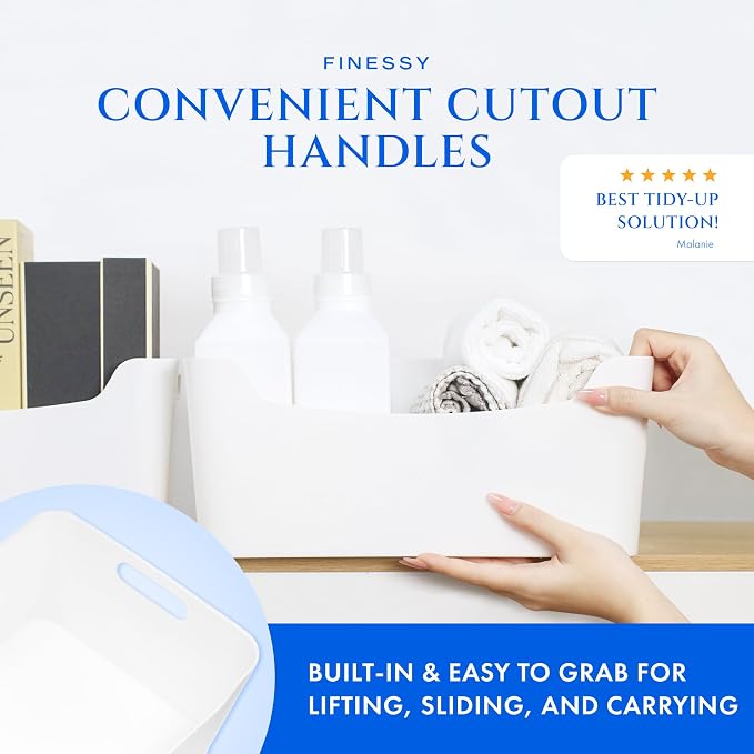 FINESSY White Plastic Storage Bins for Pantry with Handle 2 Pack White Bins | Open Plastic Storage Bins, No Lid To Lift. Shatter-Proof Plastic, 13.4x9.4x5.7 Inches. Great For Craft and Office Supplies.