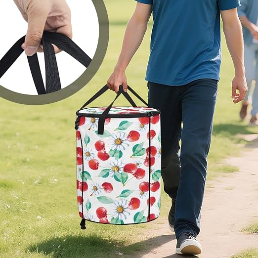 BIGCARJOB Daisy Cherry Foldable Trash Can Outside Waste Basket Bin Water Resistant Garbage Bag Recycling Bin Trash Can with Lid and Clip(23 Gallons), 22.83x17.71 in