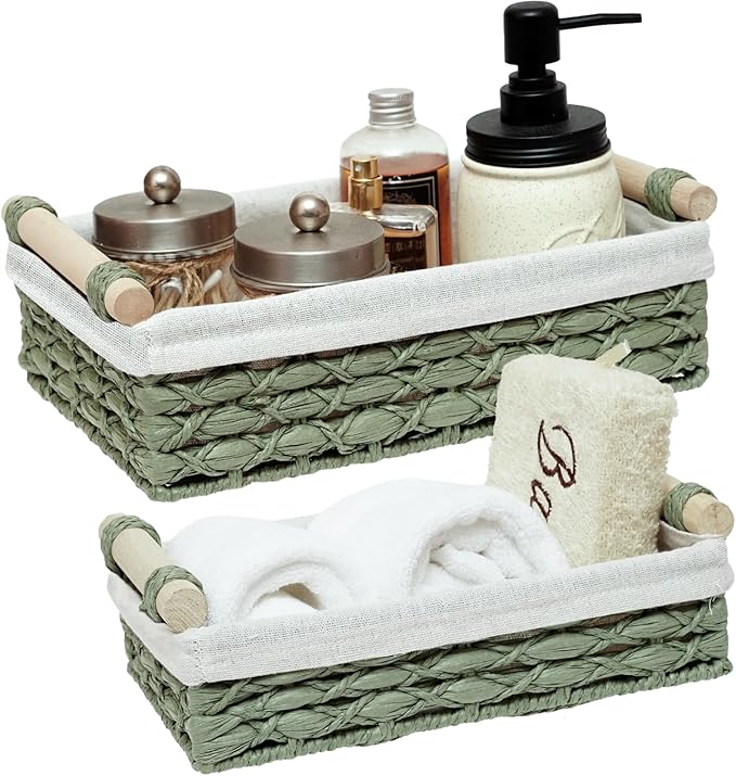 Storage Basket Wicker Baskets for Organizing with Handle Decorative Storage Bins for Countertop Toilet Paper Storage Basket for Toilet Tank Top Small Baskets Set (Set of 2,Green) | Toilet Paper Storage Basket for Bathroom Bedroom Home Farmhouse Decor,S...