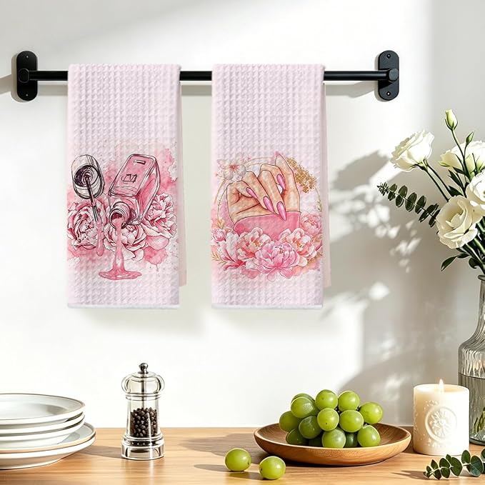 Hanamiya Na 2 Pcs Pink Hand Towels, Nail Polish Decor Reusable Dish Towels | Fashion Gifts for Women Mom Girls Friend, Waffle Weave Microfiber Towels for Bathroom Home Decor 24x14 Inch